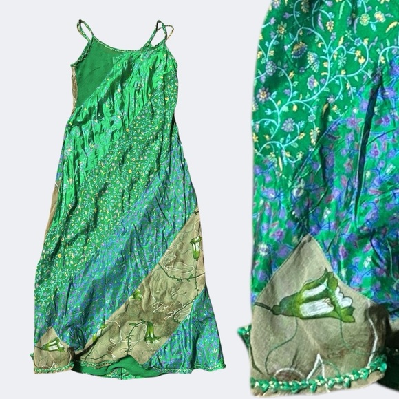 Y2K Vintage green floral maxi dress by Hugo Buscatti size 2 XS/S lined flowy - Picture 1 of 8